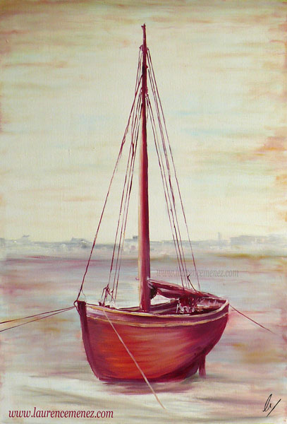 Bateau sur la cale peinture à l'huile sur toile, Laurence Menez Artiste-peintre