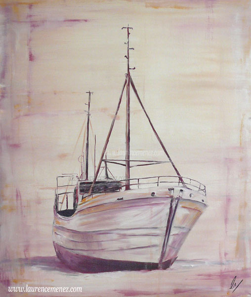 Bateau sur la cale peinture à l'huile sur toile, Laurence Menez Artiste-peintre