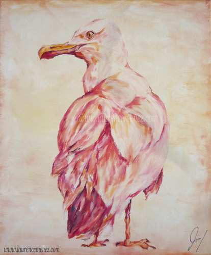 Goéland tons rose et jaune, peinture à l'huile sur toile, Laurence Menez Artiste-peintre
