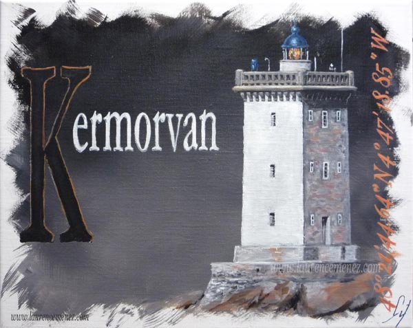 Phare de Kermorvan sur fond gris, peinture à l'huile sur toile, Laurence Menez Artiste-peintre