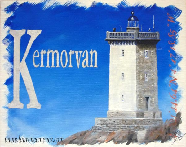 Phare de Kermorvan sur fond bleu, peinture à l'huile sur toile, Laurence Menez Artiste-peintre