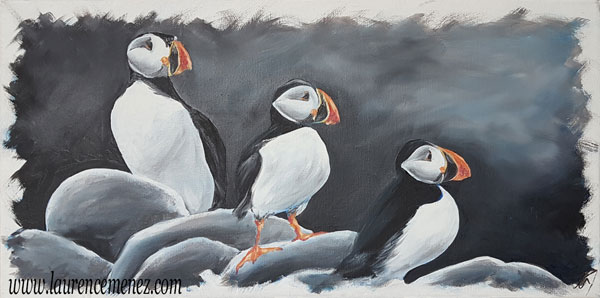 Macareux sur fond noir, peinture à l'huile sur toile, Laurence Menez Artiste-peintre