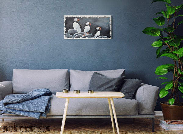 Macareux sur fond noir, peinture à l'huile sur toile, Laurence Menez Artiste-peintre