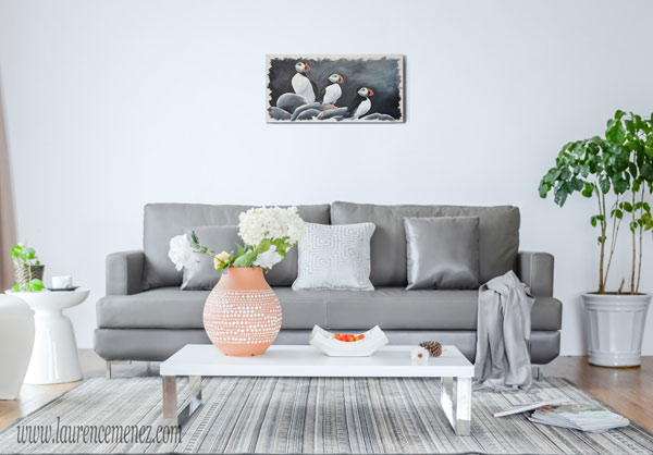 Macareux sur fond noir, peinture à l'huile sur toile, Laurence Menez Artiste-peintre