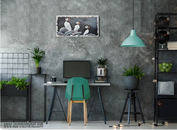Macareux sur fond noir, peinture à l'huile sur toile, Laurence Menez Artiste-peintre