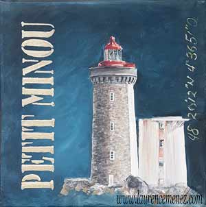 Phare du petit Minou sur fond bleu foncé, peinture à l'huile sur toile, Laurence Menez Artiste-peintre