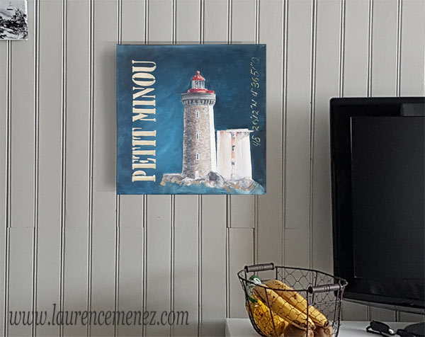 Phare du petit Minou sur fond bleu nuit, peinture à l'huile sur toile, Laurence Menez Artiste-peintre