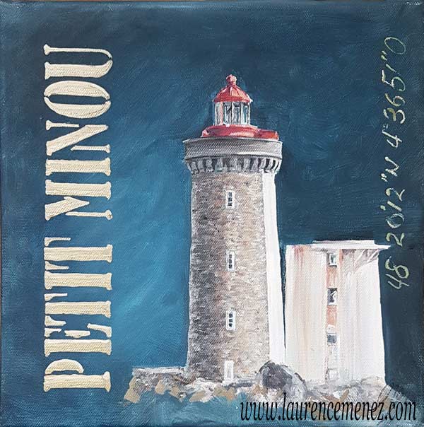 Phare du petit Minou sur fond bleu nuit, peinture à l'huile sur toile, Laurence Menez Artiste-peintre