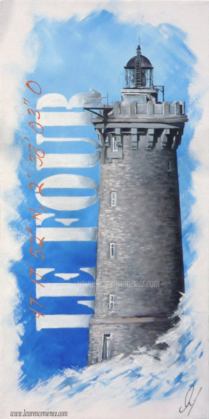 Phare du Four sur fond bleu, peinture à l'huile sur toile, Laurence Menez Artiste-peintre