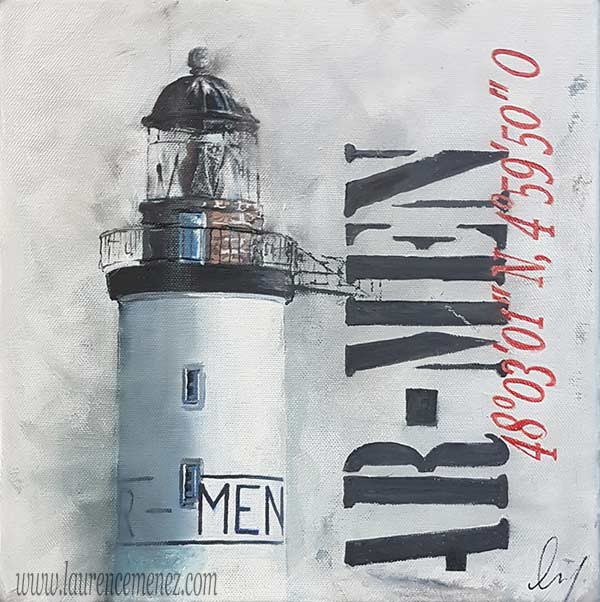 Phare d'Ar-men sur fond blanc, peinture à l'huile sur toile, Laurence Menez Artiste-peintre