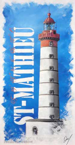 Phare Saint-Mathieu sur fond bleu, peinture à l'huile sur toile, Laurence Menez Artiste-peintre