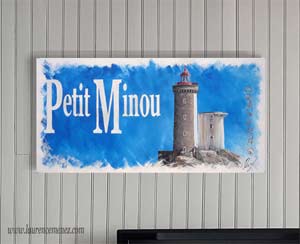 Phare du petit Minou sur fond bleu, peinture à l'huile sur toile, Laurence Menez Artiste-peintre