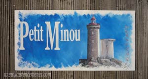 Phare du petit Minou sur fond bleu, peinture à l'huile sur toile, Laurence Menez Artiste-peintre