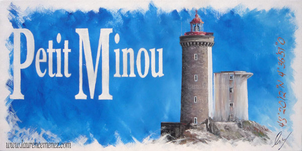 Phare du petit Minou sur fond bleu, peinture à l'huile sur toile, Laurence Menez Artiste-peintre