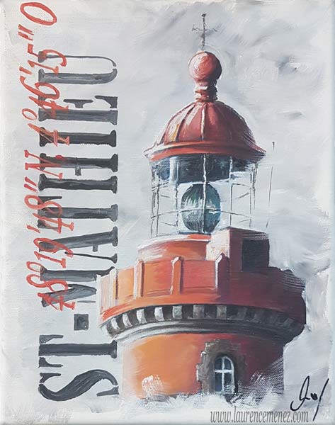 Phare Saint-Mathieu sur fond blanc grisé, peinture à l'huile sur toile, Laurence Menez Artiste-peintre