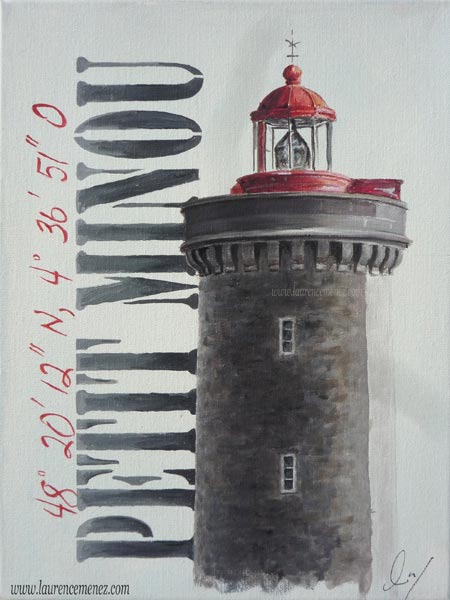 Phare du petit Minou sur fond blanc, peinture à l'huile sur toile, Laurence Menez Artiste-peintre