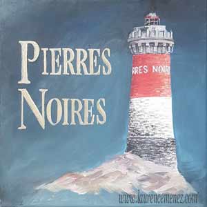 Phare des Pierres Noires sur fond bleu foncé, peinture à l'huile sur toile, Laurence Menez Artiste-peintre