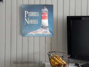 Phare des Pierres Noires sur fond bleu nuit, peinture à l'huile sur toile, Laurence Menez Artiste-peintre