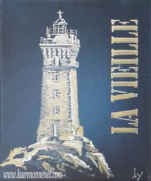 Phare de la Vieille sur fond bleu foncé, peinture à l'huile sur toile, Laurence Menez Artiste-peintre