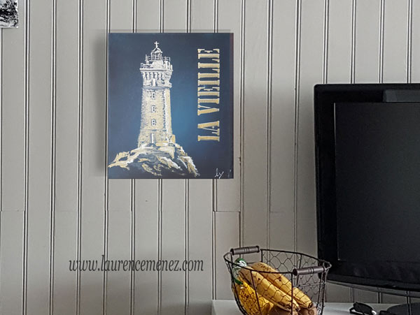 Phare de la Vieille sur fond bleu nuit, peinture à l'huile sur toile, Laurence Menez Artiste-peintre