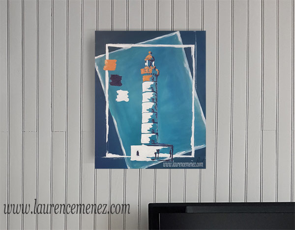 Phare de Saint-Mathieu sur fond bleu, peinture à l'huile sur toile, Laurence Menez Artiste-peintre