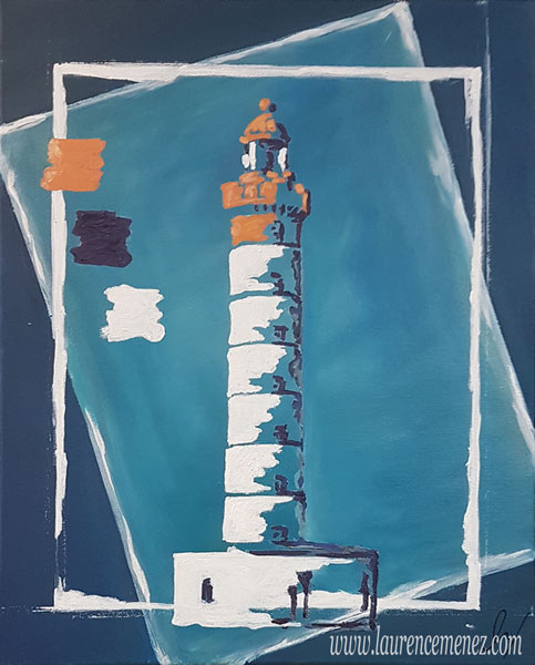 Phare de Saint-Mathieu sur fond bleu, peinture à l'huile sur toile, Laurence Menez Artiste-peintre