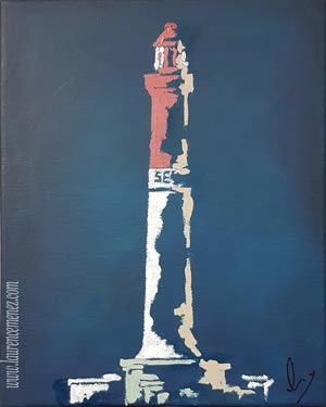 Phare de Sein sur fond bleu, peinture à l'huile sur toile, Laurence Menez Artiste-peintre