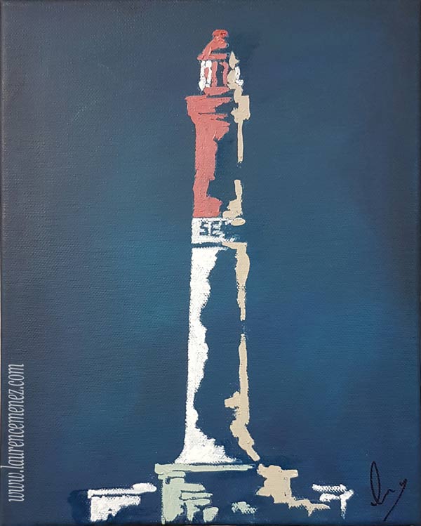 Phare de Sein sur fond bleu nuit, peinture à l'huile sur toile, Laurence Menez Artiste-peintre