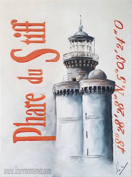 Phare du Stiff - Ouessant - sur fond blanc grisé, peinture à l'huile sur toile, Laurence Menez Artiste-peintre