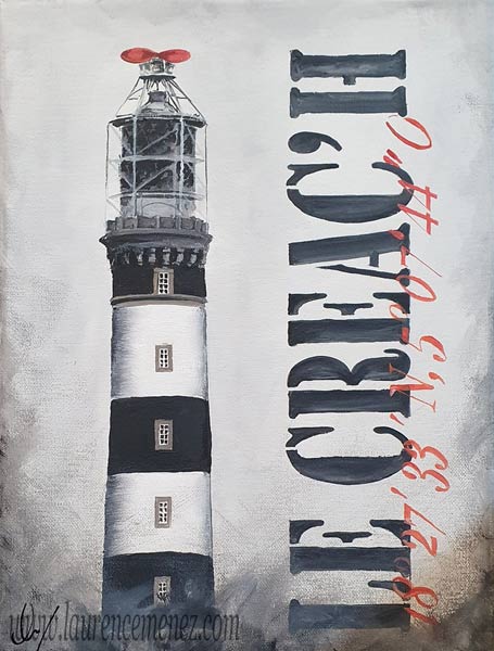 Phare du Creac'h - Ouessant - sur fond blanc grisé, peinture à l'huile sur toile, Laurence Menez Artiste-peintre