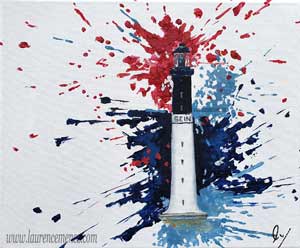 Phare de Sein, éclaboussures de peintures rouges et bleues sur fond blanc, peinture à l'huile sur toile, Laurence Menez Artiste-peintre