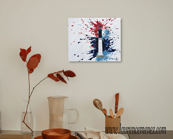 Phare de Sein, éclaboussures de peintures rouges et bleues sur fond blanc, peinture à l'huile sur toile, Laurence Menez Artiste-peintre