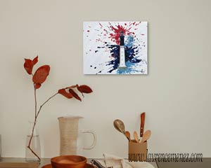 Phare de Sein, éclaboussures de peintures rouges et bleues sur fond blanc, peinture à l'huile sur toile, Laurence Menez Artiste-peintre
