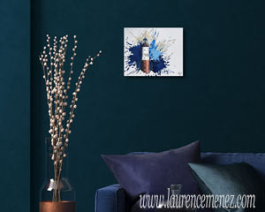 Phare d'Ar-Men, éclaboussures de peintures bleues sur fond blanc, peinture à l'huile sur toile, Laurence Menez Artiste-peintre