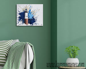 Phare d'Ar-Men, éclaboussures de peintures bleues sur fond blanc, peinture à l'huile sur toile, Laurence Menez Artiste-peintre