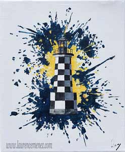la tourelle des Perdrix entourée d'éclaboussures de peintures jaunes et bleues sur fond blanc, peinture à l'huile sur toile, Laurence Menez Artiste-peintre