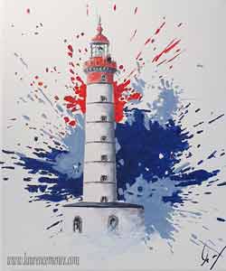 Phare de Saint-Mathieu entouré d'éclaboussures de peintures rouges et bleues sur fond blanc, peinture à l'huile sur toile, Laurence Menez Artiste-peintre