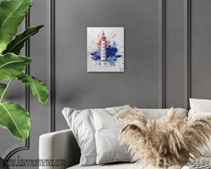 Phare de Saint-Mathieu entouré d'éclaboussures de peintures rouges et bleues sur fond blanc, peinture à l'huile sur toile, Laurence Menez Artiste-peintre