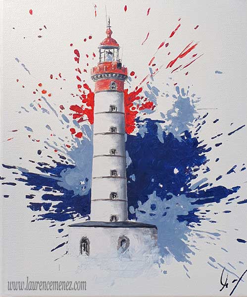 Phare de Saint-Mathieu entouré d'éclaboussures de peintures rouges et bleues sur fond blanc, peinture à l'huile sur toile, Laurence Menez Artiste-peintre