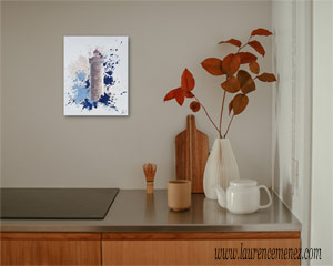 Phare Petit Minou entouré d'éclaboussures de peintures beiges et bleues sur fond blanc, peinture à l'huile sur toile, Laurence Menez Artiste-peintre