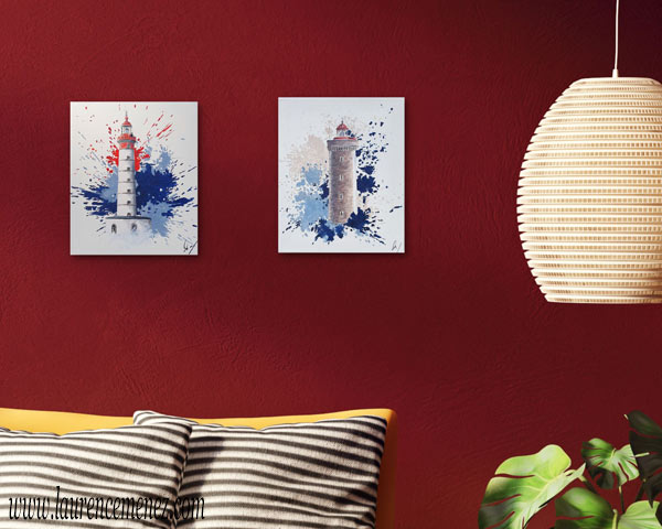 Phare Petit Minou entouré d'éclaboussures de peintures beiges et bleues sur fond blanc, peinture à l'huile sur toile, Laurence Menez Artiste-peintre
