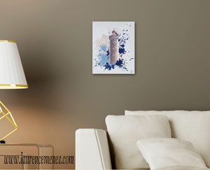 Phare Petit Minou entouré d'éclaboussures de peintures beiges et bleues sur fond blanc, peinture à l'huile sur toile, Laurence Menez Artiste-peintre