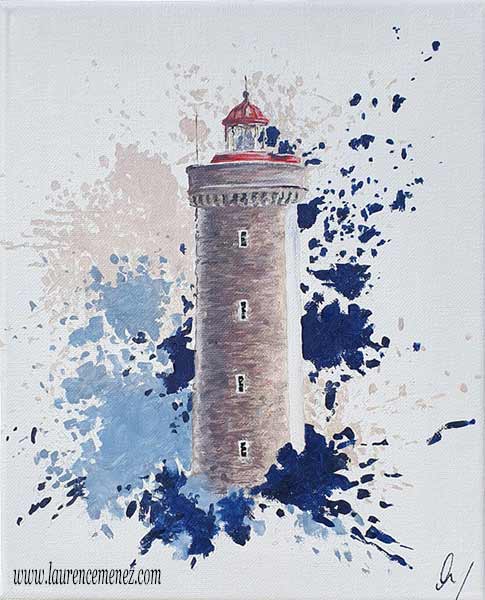 Phare Petit Minou entouré d'éclaboussures de peintures beiges et bleues sur fond blanc, peinture à l'huile sur toile, Laurence Menez Artiste-peintre