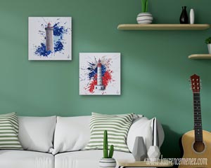 Phare Petit Minou entouré d'éclaboussures de peintures bleues sur fond blanc, peinture à l'huile sur toile, Laurence Menez Artiste-peintre