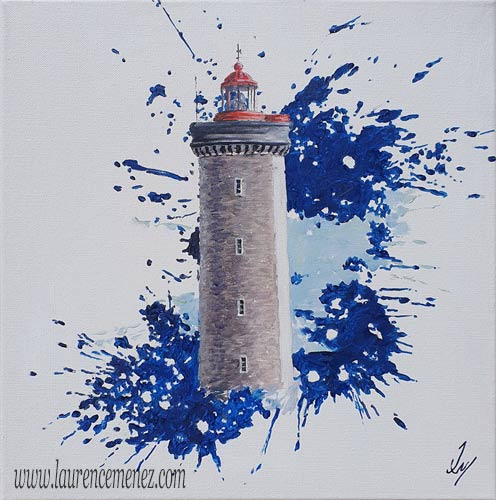 Phare Petit Minou entouré d'éclaboussures de peintures bleues sur fond blanc, peinture à l'huile sur toile, Laurence Menez Artiste-peintre