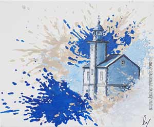 Phare du Toulinguet - Camaret sur Mer, éclaboussures de peintures beiges et bleues sur fond blanc, peinture à l'huile sur toile, Laurence Menez Artiste-peintre