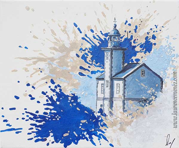 Phare du Toulinguet - Camaret sur Mer, éclaboussures de peintures rouges et bleues sur fond blanc, peinture à l'huile sur toile, Laurence Menez Artiste-peintre