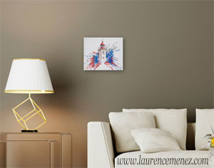 Phare de Morgat, éclaboussures de peintures rouges et bleues sur fond blanc, peinture à l'huile sur toile, Laurence Menez Artiste-peintre