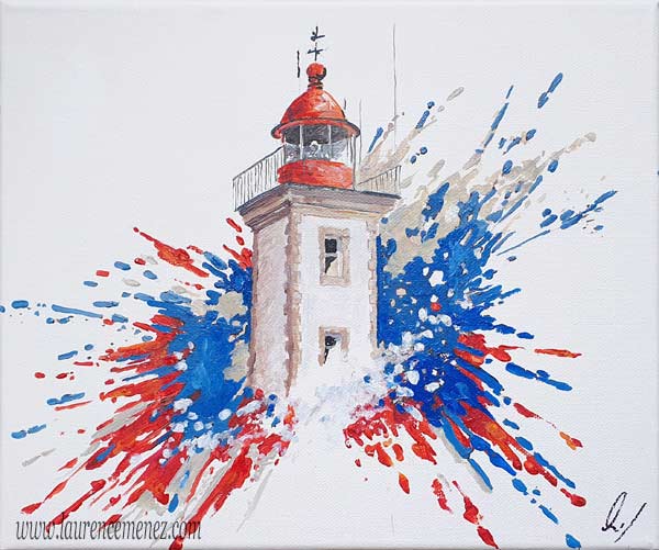 Phare de Morgat, éclaboussures de peintures rouges et bleues sur fond blanc, peinture à l'huile sur toile, Laurence Menez Artiste-peintre