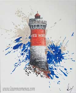 Phare de Pierres Noires entouré d'éclaboussures de peintures rouges et bleues sur fond blanc, peinture à l'huile sur toile, Laurence Menez Artiste-peintre